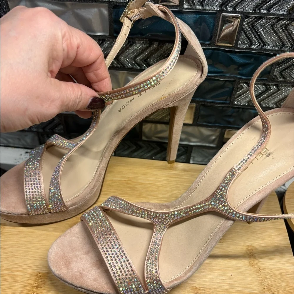 Pelle Moda Blush Pink Crystal T-Strap Stiletto Sandals